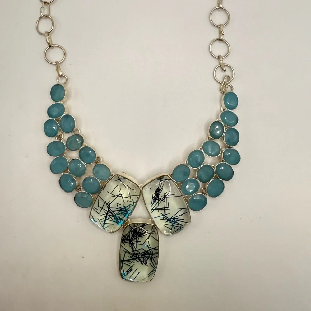Blue Rutilated Quartz, Blue Chalcedony 925 Sterling Silver Necklace